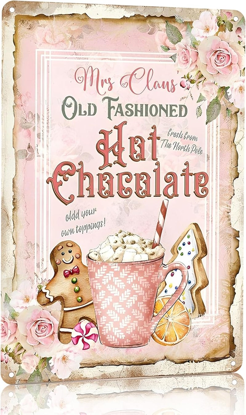 Joyline Vintage Christmas Decor Gifts Rustic Mrs Claus' Old Fashioned Hot Chocolate Tin Sign for Home Farmhouse Kicthen Cafe Bar Wall Decor 8 x 12 inches (3236) - Image 1
